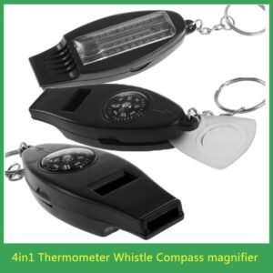 Black 4in1 Mini Survival Tool Thermometer Whistle Compass free shipping